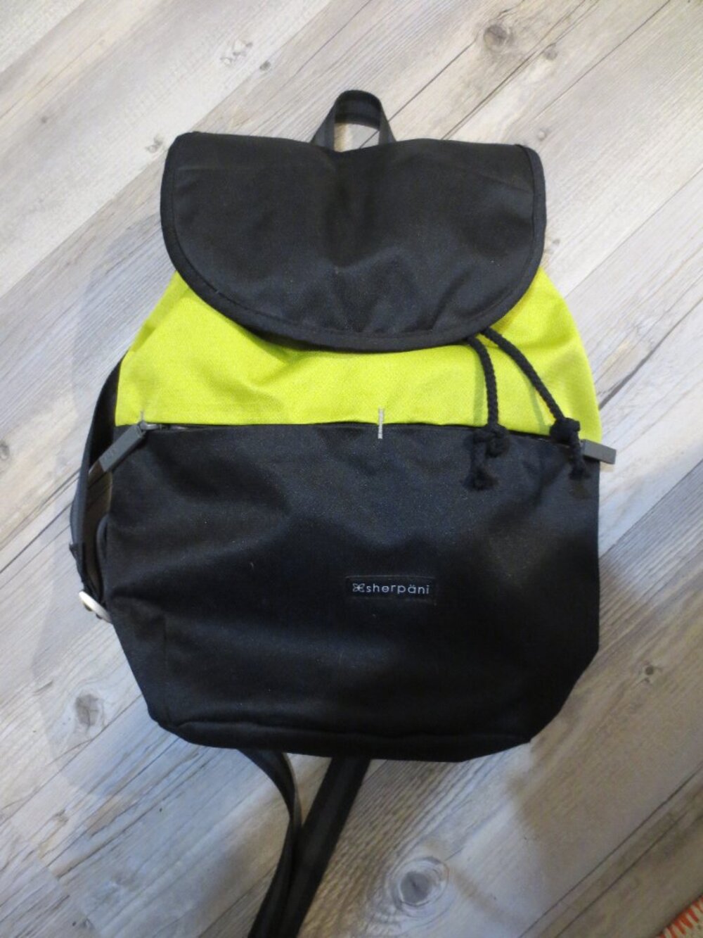 Sherpani Backpack Black and Lime Green Drawstring Flap Closure 6 Pockets